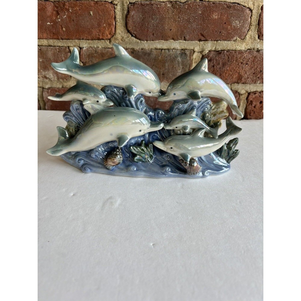 Vintage Dolphin Pod Family Blue Ceramic Iridescent Lusterware 6 Dolphin Family